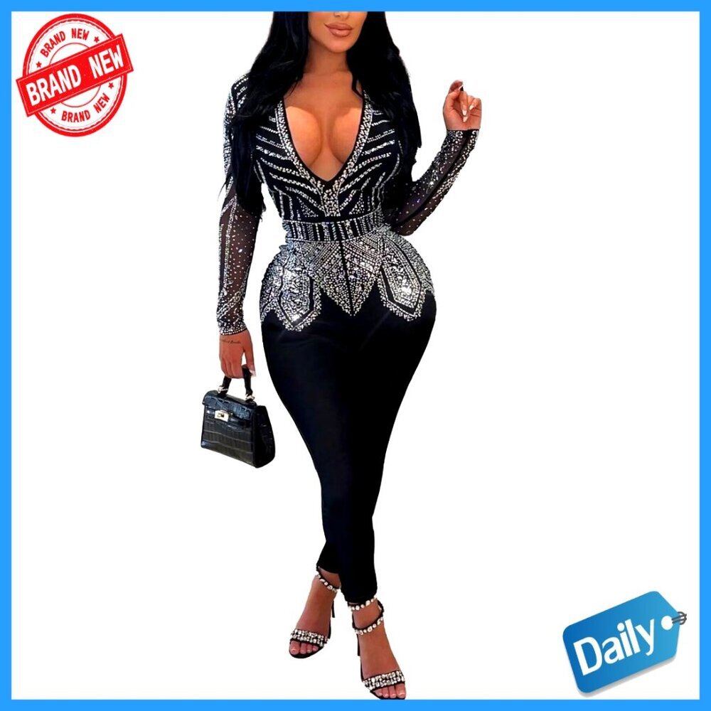 Sparkly Rhinestone Mesh Jumpsuit Sexy Bodycon Party Club Night Wear Stretchy